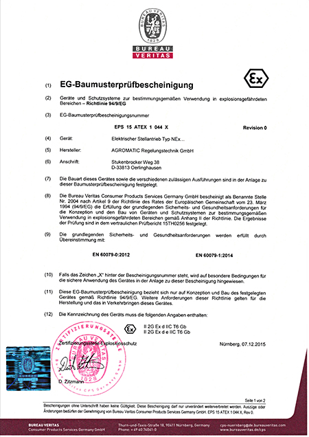 ATEX Zertifikat für Agromatic Stellantriebe